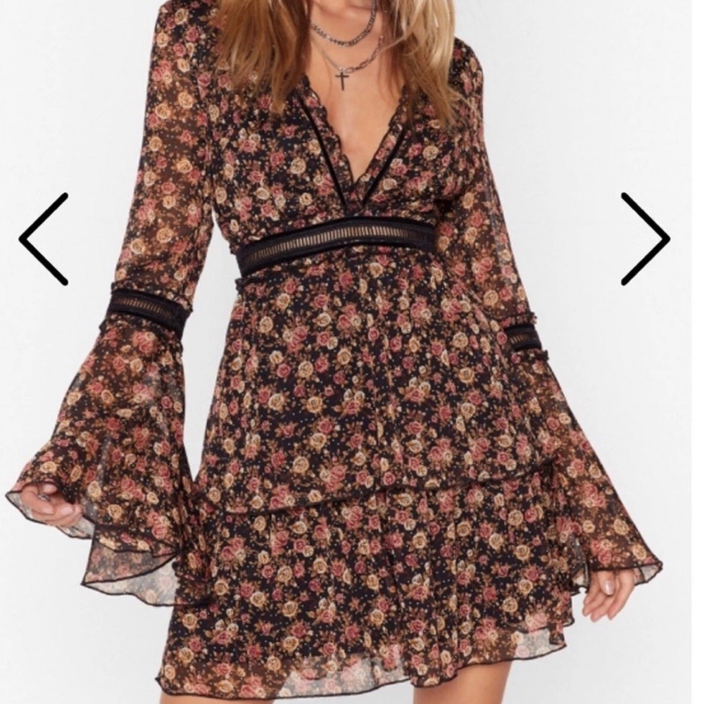 Nasty Gal Black and Pink Floral Long Sleeve Dress